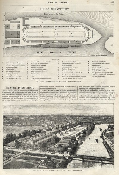1869年にビランクール島に建設されなければならない国際スポーツの施設の計画-1869年にビランクール島に建設された国際スポーツの施設の全景 作： French School