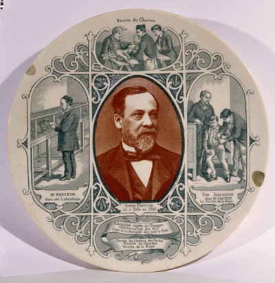 ピエールプチ（1832-1909）によるルイパスツール（1822-95）の写真と彼の人生のシーン（セラミック）を収めたプレート 作： French School