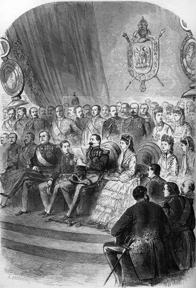 1870年のプレビスクイト：ナポレオン3世（1808-1883）に結果の公式発表を行う。また、皇帝ウジェニー・デ・モンティージョ（1826-1920）、その息子の皇太子（1856-1879）、王女マチルド・ボナパルト（1820-1904）、クロ 作： French School