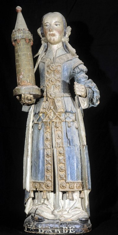 聖バルベを表す多色刷りの木彫像（16世紀後半）、ディナン博物館に保存されている。 作： French School