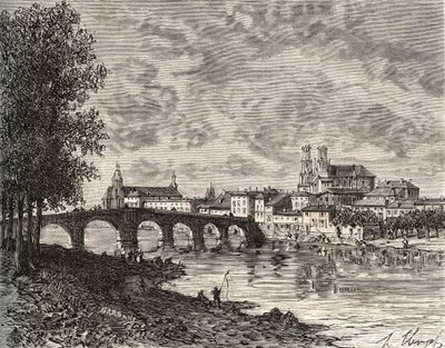 ポン・ア・ムソン（Pont a Mousson） - ムルト・エ・モーゼル（Meurthe-et-Moselle） - V.-A. Malt-Brown著「La France illustree: geographie, histoire, administration statistique」（1884年）に掲載された彫刻。 作： French School