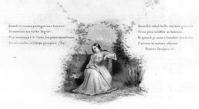 かわいそうなジャック。ベンチに座って熊手を持った少女が一人でいる。Chants et chansons populaire de la France "の第2巻に掲載された版画。 作： French School