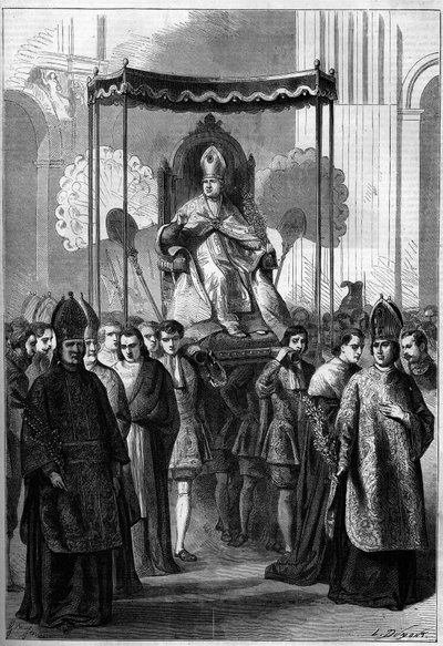 1861年のパームサンデーに、ローマ（イタリア）のサン・ピエトロ教会に行列を作って運ぶ教皇ピウス9世（1792-1878）。1861年4月13日付「Le Monde Illustré」209号に掲載された図版。 作： French School
