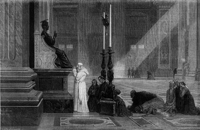 ローマのサン・ピエトロ大聖堂のサン・ピエトロ像の近くで祈る教皇ピウス9世（1792-1878）。フランシス・ウェイ著『Rome: description and souvenirs』（1870年）に掲載された図版。 作： French School