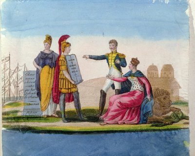 ボリバルを称賛した人気のある画像、1820〜30年頃（カラー彫刻） 作： French School