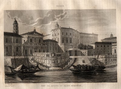 ポルト・ディ・リペッタとボルゲーゼ宮殿 - ローマ - M. de Norvins, Ch. Nodier 1834-1836による "Picturesque Italy" - History and Descriptive Painting of Italyからのエングレーヴィング。 作： French School