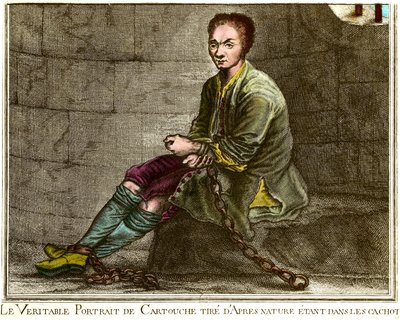 ルイ・ドミニク・カートリッジ（1693-1721）の胴体部分の肖像、地下牢にいるフランスの山賊 18世紀のエングレーヴィング 個人蔵 作： French School