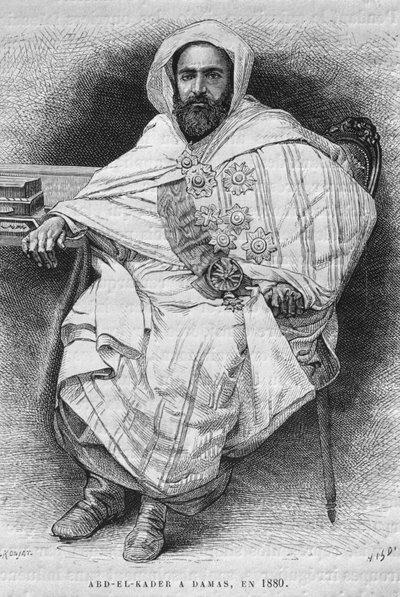 今日のシリアの1880年（1808-83）のダマスカスにあるアブドエルカデルの肖像。フェニシア、レバノン、ジューディーへの旅。 1884年、ルイシャルルエミールロルテの1875-1880（bw彫刻） 作： French School