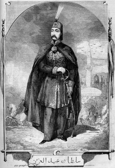オスマン帝国のスルタン、アブドゥル・アジズ（Abd-ul-Aziz or Abd Ul Aziz or Abdulaziz）1830-1876年の肖像。1861年7月27日付「Le Monde Illustré」224号に掲載された版画。 作： French School
