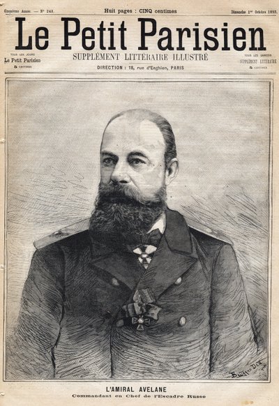 ロシア艦隊司令官アヴラーヌ提督の肖像。1893年1月10日の新聞「Le Petit Parisien」に掲載されたもの。 作： French School