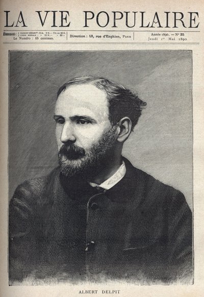 小説家・劇作家のアルベール・デルピット（1849-1893）の肖像。"La vie populaire "に掲載されたエングレーヴィング 作： French School