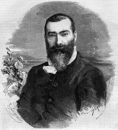 フランスの小説家・劇作家、アルフォンス・カール（1808-1898）の肖像。1860年1月21日付「Le Monde Illustré」145号に掲載されたエングレーヴィング。 作： French School