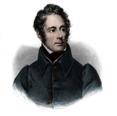 フランスの作家、詩人、政治家であるアルフォンス・ド・ラマルティーヌ（1791-1869）の肖像。ルイ・ド・コルメナン・ティモンの「講演者の書」に掲載されている。1842.個人蔵。 作： French School