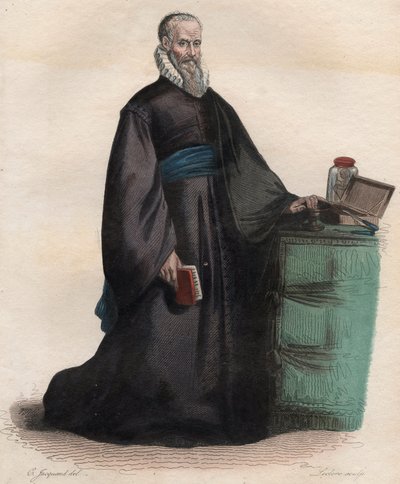 フランスの外科医、アンブロワーズ・パレ（1509-1590）の肖像。エドモンド・メネシェ著「Le Plutarque Français」より引用 作： French School