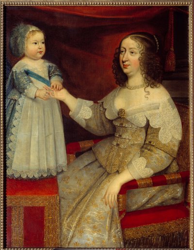 フランス王妃アンヌ・ドートリッシュ（1601-1666）とドルフィン・ルイ14世の子供（1638-1715）の肖像 フランス派の絵画。1643年以前。日 1,2x0,96 m 作： French School