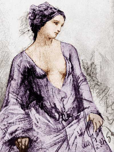 1852年にボードレールの愛人であったアポロニーサバティエの肖像画、絵、色分けされた文書 作： French School