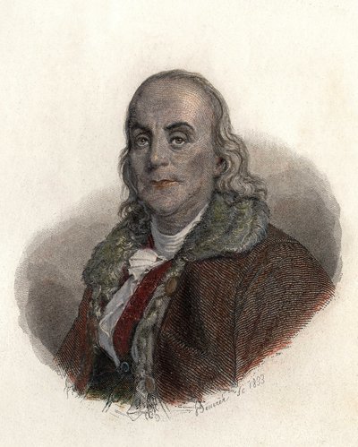 アメリカの物理学者、哲学者、政治家であるベンジャミン・フランクリン（1706-1790）の肖像。 作： French School