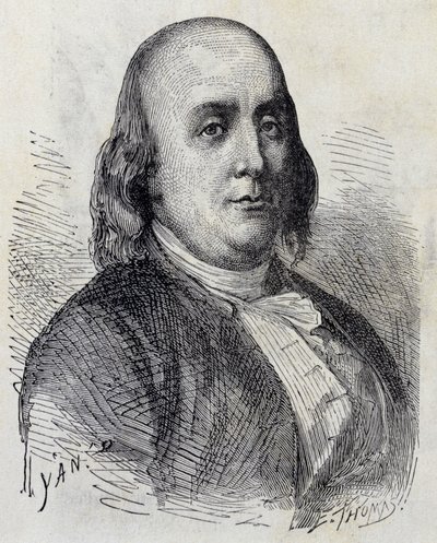 ベンジャミン・フランクリン（1706-1790）の肖像 - 1896年の "Album of Science; illustrious scholars; Great Discoveries "に掲載されています。 作： French School