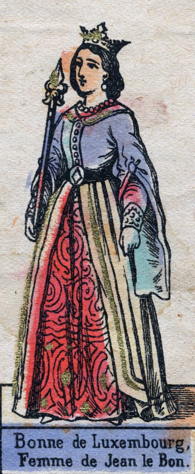 フランスのジョン2世の妻、ボンヌ・ド・ルクセンブルク（1315-1349）の肖像。カペティアン朝）の肖像。19世紀後半のイラスト。 作： French School