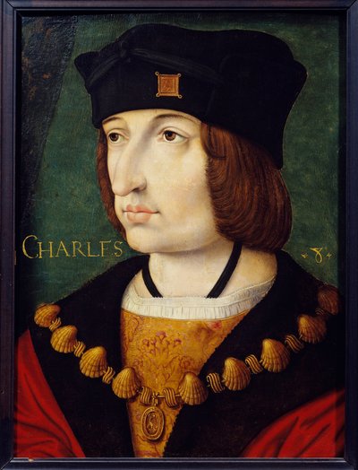 ルイ11世の息子シャルル8世（1470-1498）の肖像 ジャン・ペレアルによる16世紀フランス派の絵画。薄暗い。0.36x0.27 m シャンティイ、コンデ美術館 作： French School