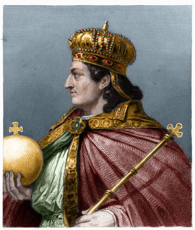 アウストラシア王チルデベール2世（v.570-596）の肖像 - ラヴァレの『フランス史』に掲載されている、エングレーヴィング、sd. 作： French School