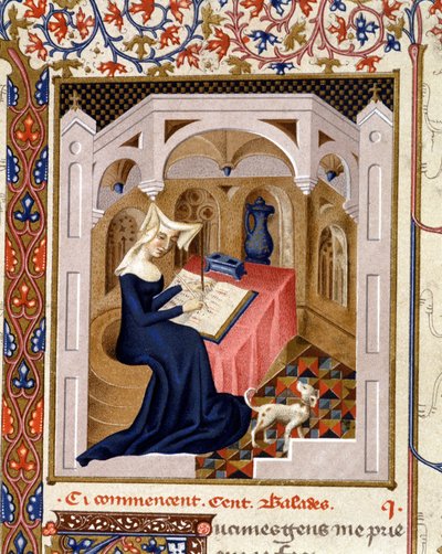 Christine de Pisan (または Pisan) の肖像画 - ミニチュア 作： French School