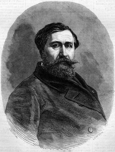 フランスの彫刻家で高官であったアルフレッド・エミリアン・ド・ニューウェルケルケ伯爵（1811-1892）の肖像。1861年5月4日付「Le Monde Illustré」212号に掲載された版画。 作： French School