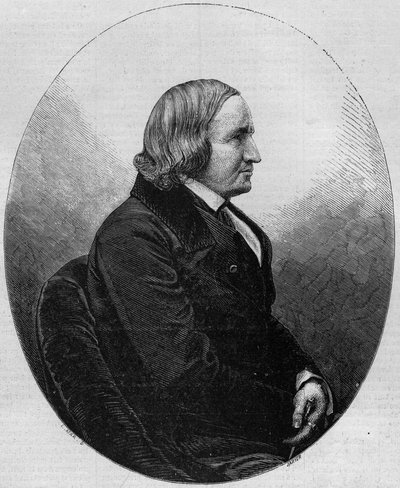 フランスの作家・詩人であるアルフレッド・ド・ヴィニー伯爵（1797-1863）の肖像。1857年12月19日付「Le Monde Illustré」36号に掲載された版画。 作： French School