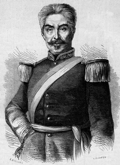 ペルー大統領ドン・ミゲル・サン・ロマン（1803-1863）の肖像。1863年5月30日付「Le Monde Illustré」320号に掲載されたエングレーヴィング。 作： French School