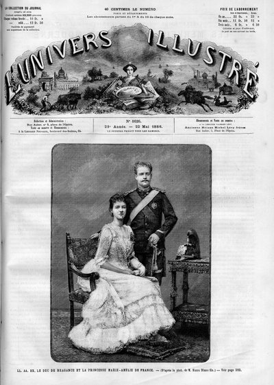 ブラガンス公シャルル・フェルディナンド（1863-1908）とフランス王女マリー・アメリ・ドルレアン（1865-1951）の肖像。ポルトガル国王シャルル（カルロス）1世となる。ある新聞。1886年5月22日付「Le Monde Illustré」掲載のエングレーヴィング。 作： French School
