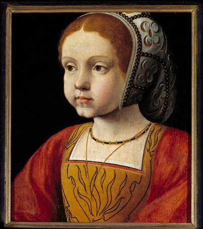 ハプスブルク家の子供で、ポルトガル、フランスの女王となったエレオノーレの肖像（1498-1558） フランス派の絵画。16世紀 日0.3x0.23 m ヴェルサイユ、城の博物館 作： French School