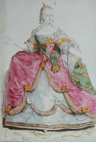 ロシア皇后エカテリーナ2世（1729-96）大帝の肖像 18世紀後半（彩色彫刻版） 作： French School