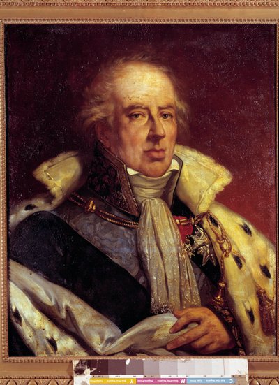 フランソワ・アレクサンドル・フレデリック・ド・ラ・ロシュフーコー・リアングール（経済学者）の肖像（1747年～1837年）、王政復古時代のフランス国王ペアの衣装で表現（h s/t 0.72 X 0.57）。ヴェルサイユ。シャトー美術館。 作： French School