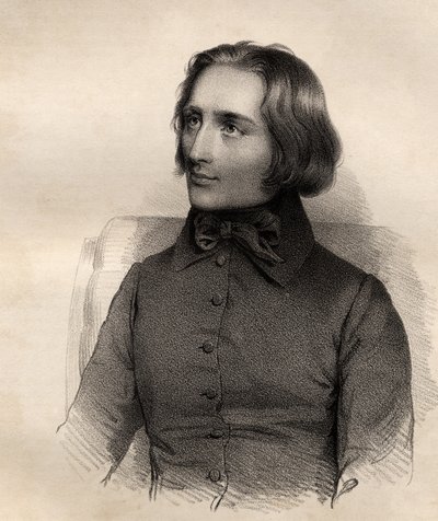 フランツ・リスト（1811-86）の肖像ハンガリーのピアノの巨匠および作曲家 作： French School