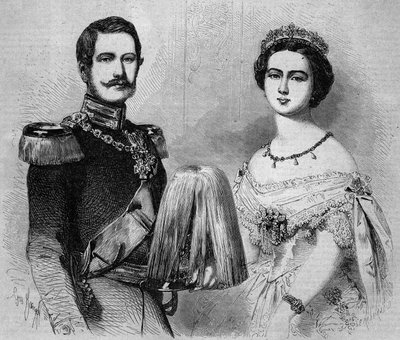 プロイセンのフレデリック・ギヨーム（1831-1888、後のプロイセン王・ドイツ皇帝フレデリック3世）と、その婚約者であるイギリスのヴィクトリア王女（1840-1901）の肖像。1858年1月23日付「Le Monde Illustré」41号に掲載された版画。 作： French School