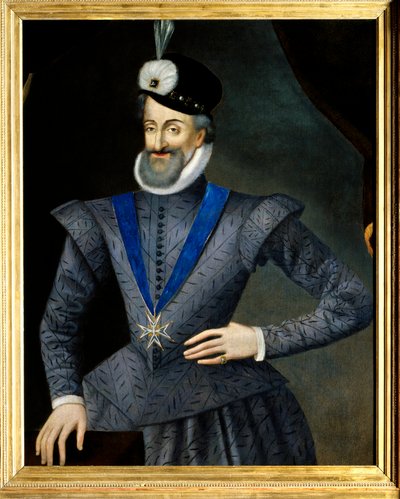 アンリ4世（1553-1610）フランス王の肖像。聖霊の騎士団(Order of the Holy Spirit)の記章のネックレスを持っている。17世紀の匿名のフランス絵画。キャンバスに油彩。ディム：0,95x1,13m。強制的に言及。サリー・シュル・ロワ 作： French School