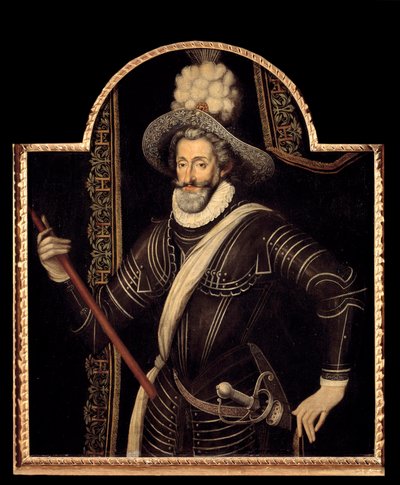 白のキュイラッセと羽飾りをつけたヘンリー4世（フランス・ナバラ王）の肖像（1553-1610年） 16世紀フランス派の無名の絵画。寸法1.15x0.99メートル。 作： French School