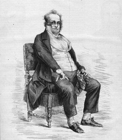 フランスの劇作家、漫画家、コメディアンであるアンリ・モニエ（1799-1877）のポートレート。19世紀のフランスのブルジョワを描いたモニエ考案のキャラクター「ムッシュー・プリュドム」に扮しています。の「Le Monde Illustré」n°1031に掲載されたエングレーヴィング。 作： French School