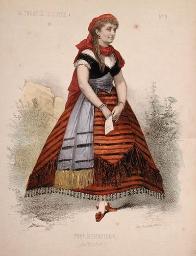 ジャック・オッフェンバック（1819-90）の同名オペレッタでラ・ペリクレス役を演じるホーテンス・シュナイダー（1833-1920）の肖像 「Le Theatre Illustre」のイラスト（カラーリトグラフ版） 作： French School