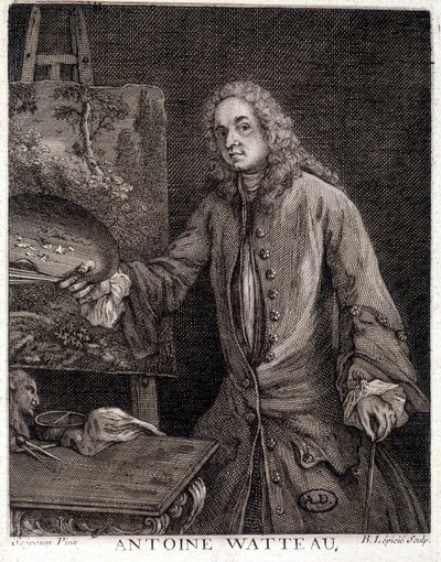 フランスの画家、ジャン・アントワーヌ・ワトー（1684-1721）の肖像 - エングレーヴィング 作： French School