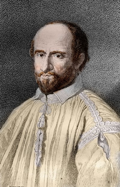 Retrato de Jean Duvergier de Hauranne (1581-1643), abade de Saint-Cyran, religioso e teólogo francês jansenista (Jean du Vergier de Hauranne, abade de Saint Cyran (1581-1643) monge francês que introduziu o jansenismo na França) Gravura de “ Les Mysteres 作： French School