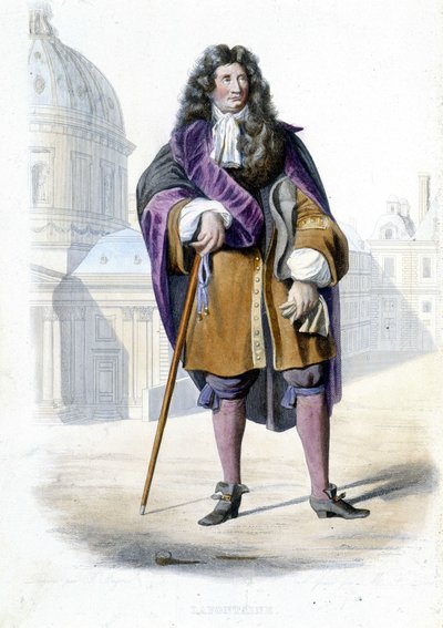 フランスの作家、ジャン・ド・ラ・フォンテーヌ（1621-1695）の肖像 - Ed.Ed.Mennechet, "Le Plutarque francais "にて 作： French School