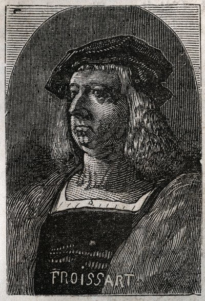 中世フランスの年代記作家、ジョン・フロワサール（Jean Froissart）（1337-1404）の肖像 - Victor Duruy（1811-1894）の「Histoire de France」のエングレービング - 1882年 作： French School