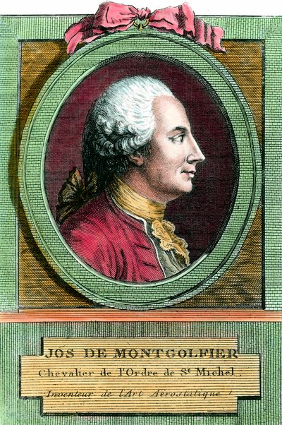 熱気球を発明したジョセフ・ド・モンゴルフィエ（1740〜1810）の肖像。18世紀のエングレーヴィング。個人蔵。 作： French School