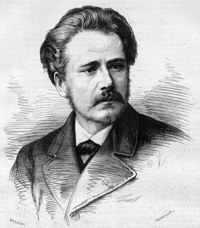 フランスの作曲家、ジュール・マスネ（1842-1912）の肖像。1877年5月5日付「Le Monde Illustré」第1047号に掲載された版画。 作： French School