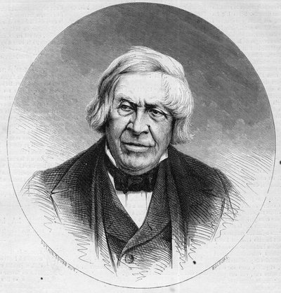 フランスの歴史家・作家であるジュール・ミシュレ（1798-1874）の肖像。1874年2月14日付「Le Monde Illustré」879号に掲載されたエングレーヴィング。 作： French School