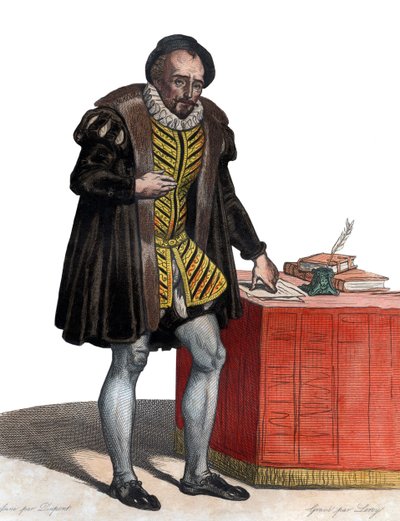 フランスの作家、ミシェル・エイケム・ド・モンテーニュ卿（1533-1592）の肖像。 作： French School