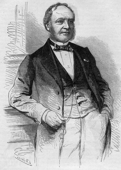 フランスの編集者、ルイ・クリストフ・フランソワ・アシェット（1800-1864）の肖像。1864年8月13日付「Le Monde Illustré」383号に掲載された版画。 作： French School