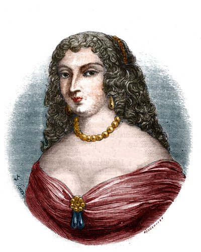 マドモアゼル・ド・ラ・ファイエット（Louise de La Fayette 1618-1665）の肖像 肩書きは愛人だが、機能は王ルイ13世のものではなく、主君の無力さを見ている」 Mauによる「Histoire des papes-king-queens-et-empereurs a travers les centuries」に掲載されたエングレービング 作： French School