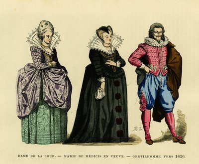 未亡人の服を着て、宮廷の女性と紳士に囲まれたフランス王妃マリー・ド・メディシス（1573-1642）の肖像（1620年頃）。カラーエングレーヴィング、オーギュスタン・シャラメル著「France et les francais a travers les siecles」（F.Roy編）、18年パリ刊。 作： French School
